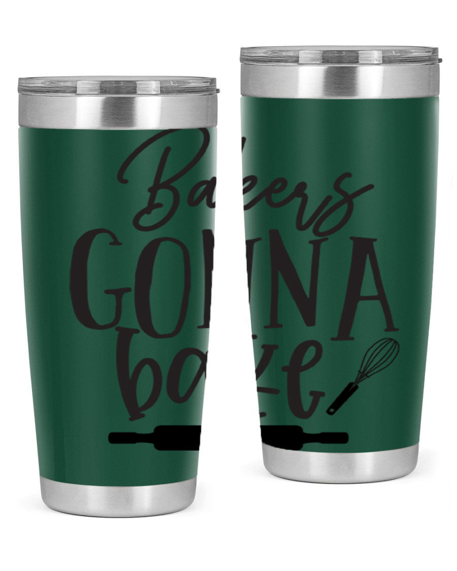 Bakers Gonna Bake 20oz Tumbler made of stainless steel with a vibrant design, showcasing its double wall vacuum insulation and drink-thru lid.