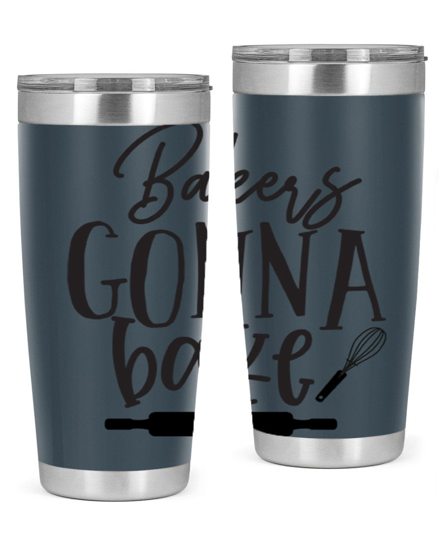 Bakers Gonna Bake 20oz Tumbler made of stainless steel with a vibrant design, showcasing its double wall vacuum insulation and drink-thru lid.