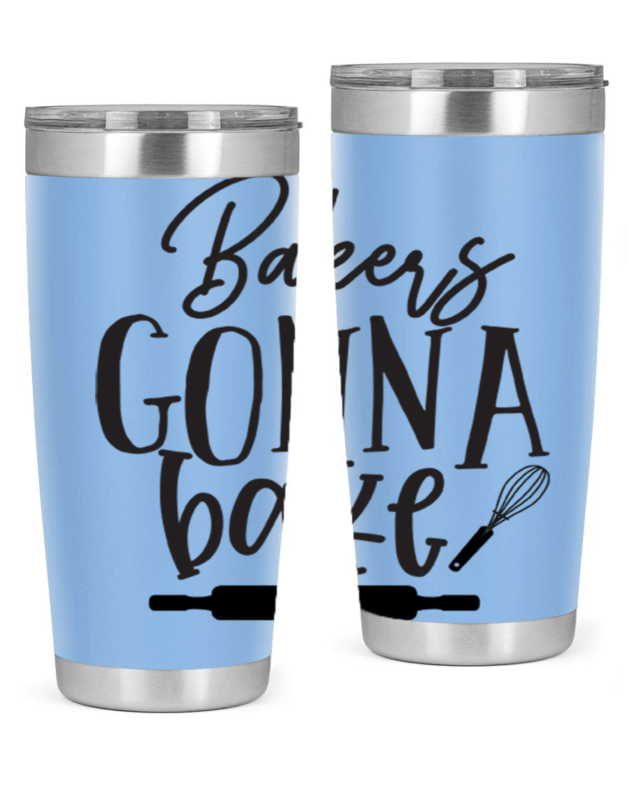 Bakers Gonna Bake 20oz Tumbler made of stainless steel with a vibrant design, showcasing its double wall vacuum insulation and drink-thru lid.