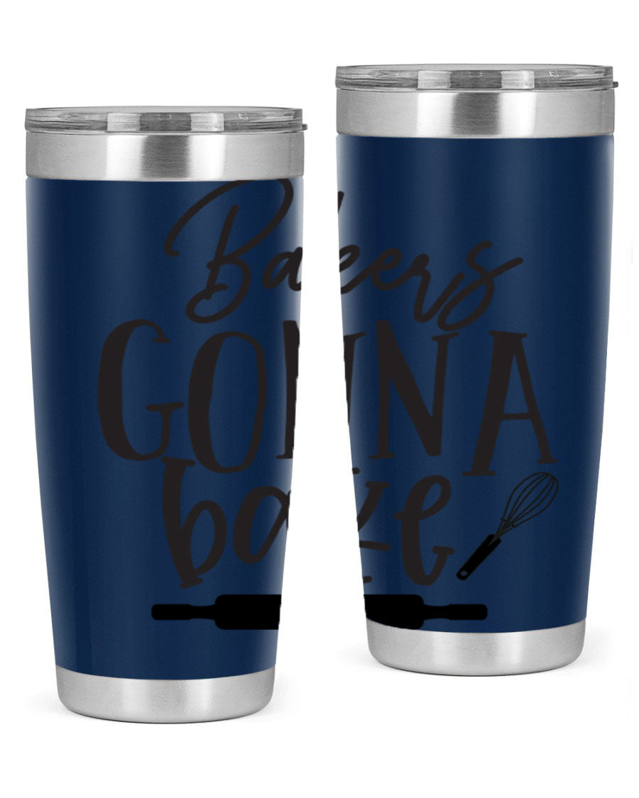Bakers Gonna Bake 20oz Tumbler made of stainless steel with a vibrant design, showcasing its double wall vacuum insulation and drink-thru lid.