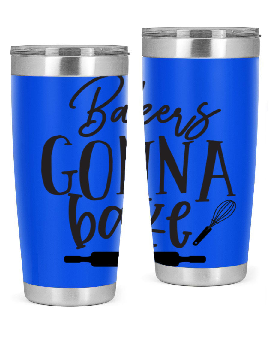 Bakers Gonna Bake 20oz Tumbler made of stainless steel with a vibrant design, showcasing its double wall vacuum insulation and drink-thru lid.