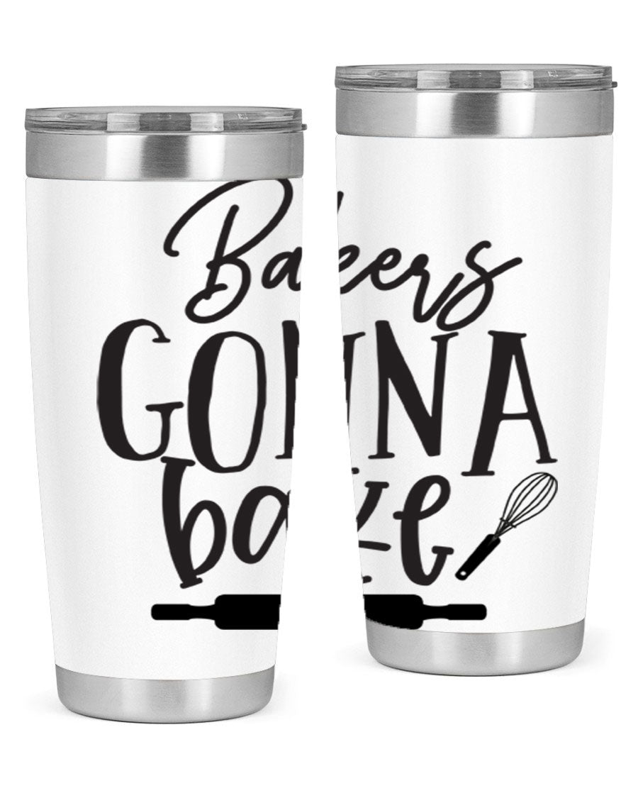 Bakers Gonna Bake 20oz Tumbler made of stainless steel with a vibrant design, showcasing its double wall vacuum insulation and drink-thru lid.