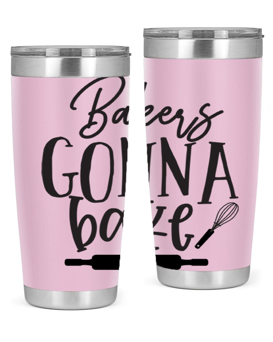 Bakers Gonna Bake 20oz Tumbler made of stainless steel with a vibrant design, showcasing its double wall vacuum insulation and drink-thru lid.