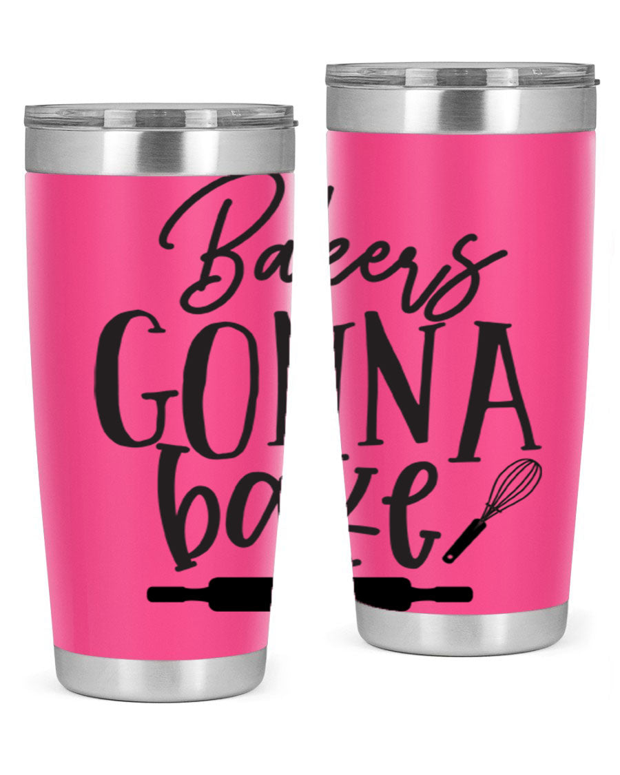 Bakers Gonna Bake 20oz Tumbler made of stainless steel with a vibrant design, showcasing its double wall vacuum insulation and drink-thru lid.