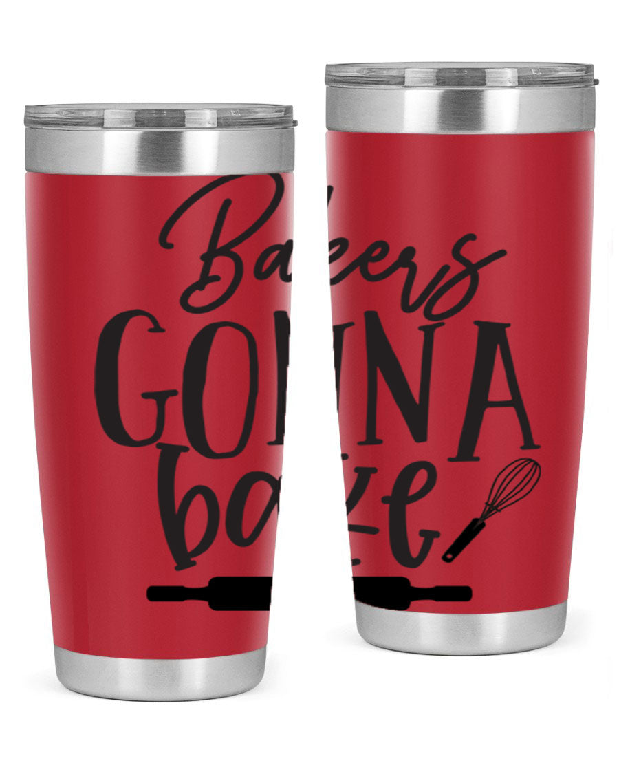 Bakers Gonna Bake 20oz Tumbler made of stainless steel with a vibrant design, showcasing its double wall vacuum insulation and drink-thru lid.