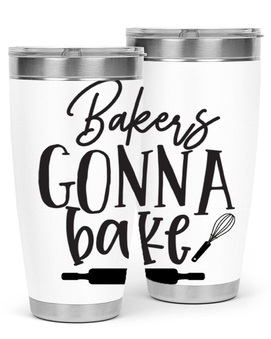 Bakers Gonna Bake 20oz Tumbler made of stainless steel with a vibrant design, showcasing its double wall vacuum insulation and drink-thru lid.