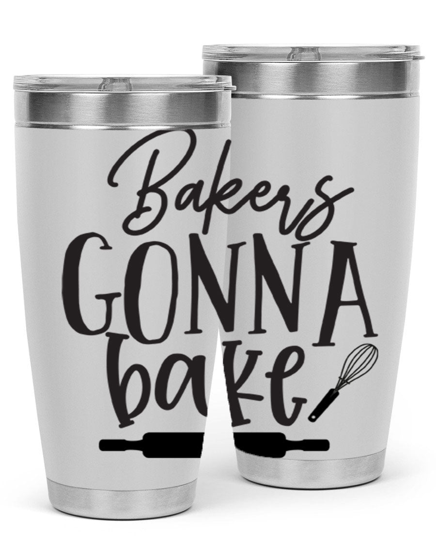 Bakers Gonna Bake 20oz Tumbler made of stainless steel with a vibrant design, showcasing its double wall vacuum insulation and drink-thru lid.