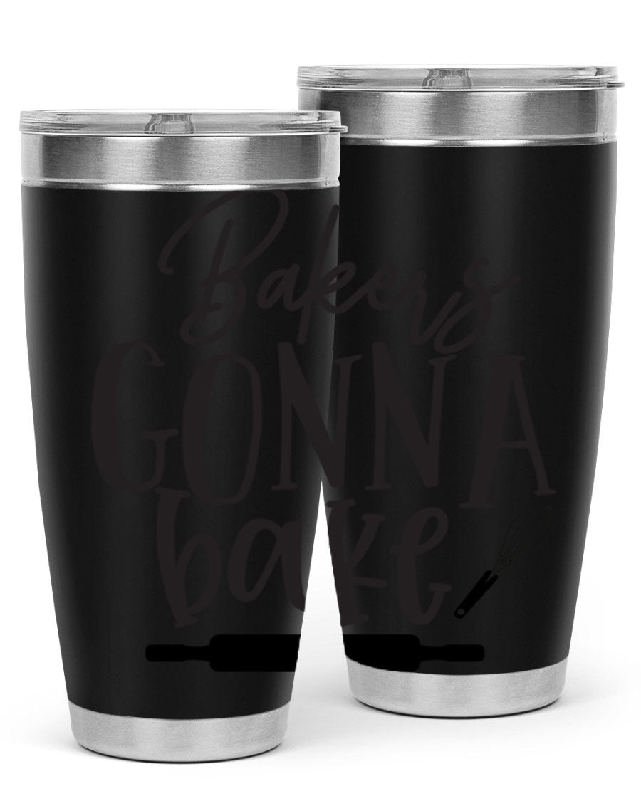 Bakers Gonna Bake 20oz Tumbler made of stainless steel with a vibrant design, showcasing its double wall vacuum insulation and drink-thru lid.