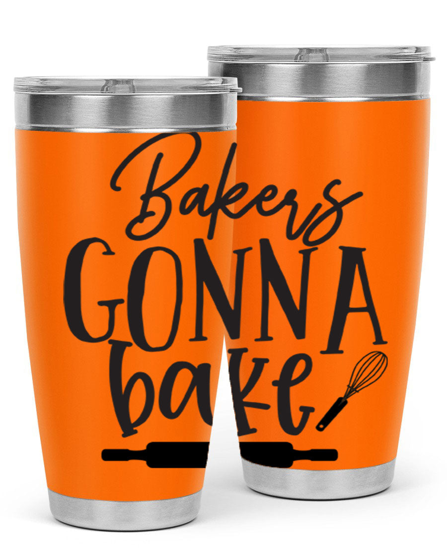 Bakers Gonna Bake 20oz Tumbler made of stainless steel with a vibrant design, showcasing its double wall vacuum insulation and drink-thru lid.