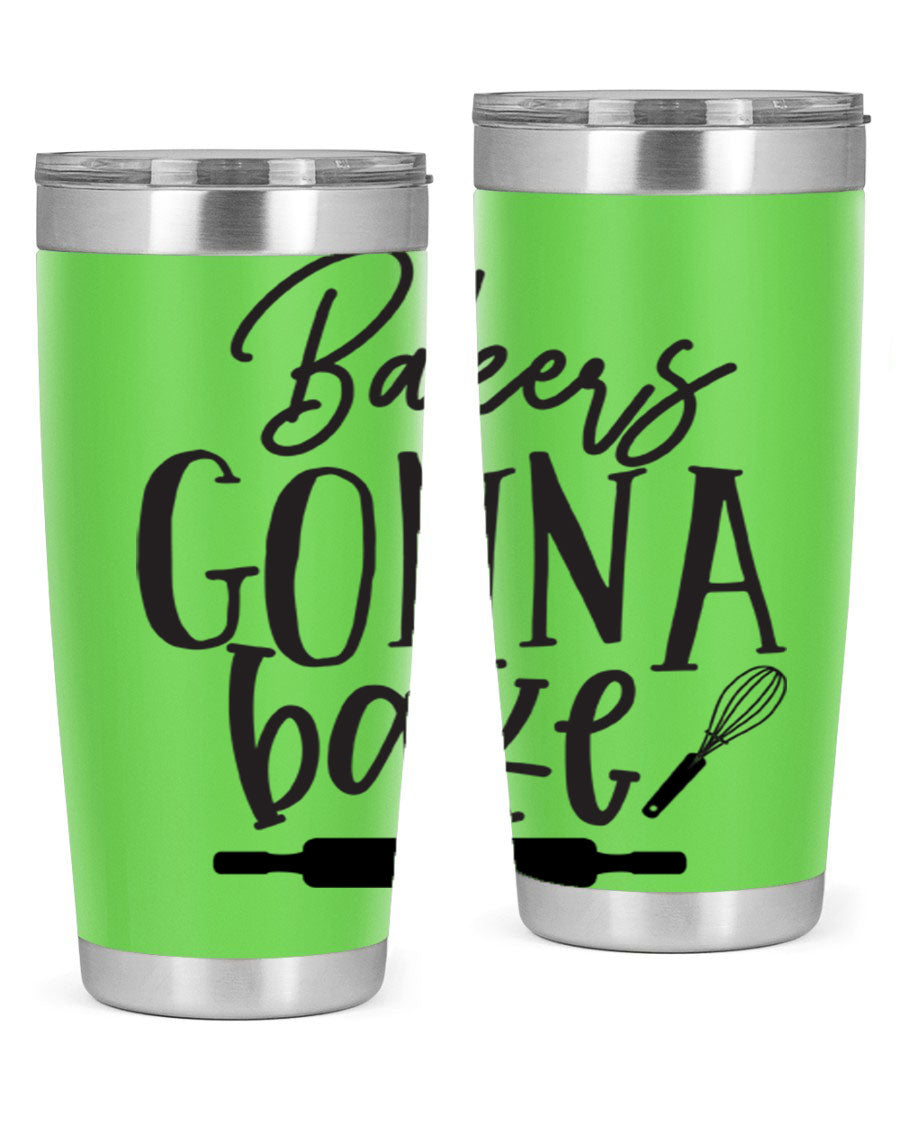 Bakers Gonna Bake 20oz Tumbler made of stainless steel with a vibrant design, showcasing its double wall vacuum insulation and drink-thru lid.