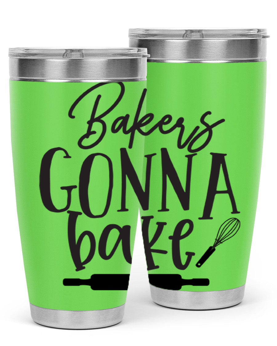 Bakers Gonna Bake 20oz Tumbler made of stainless steel with a vibrant design, showcasing its double wall vacuum insulation and drink-thru lid.