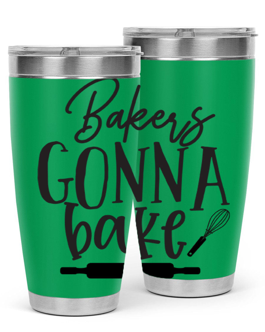 Bakers Gonna Bake 20oz Tumbler made of stainless steel with a vibrant design, showcasing its double wall vacuum insulation and drink-thru lid.