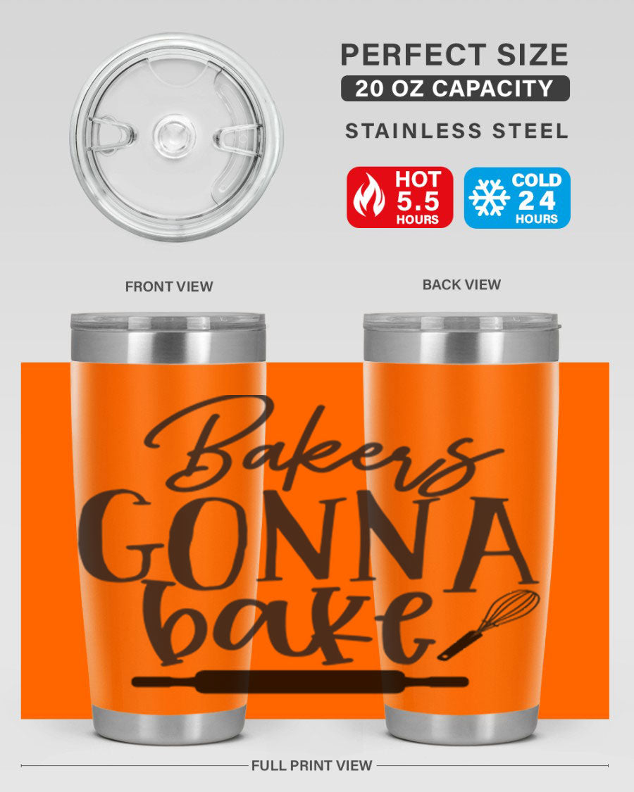 Bakers Gonna Bake 20oz Tumbler made of stainless steel with a vibrant design, showcasing its double wall vacuum insulation and drink-thru lid.