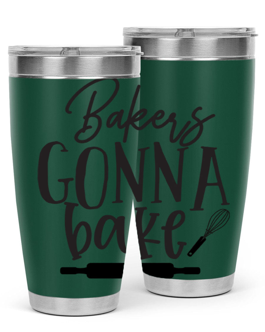 Bakers Gonna Bake 20oz Tumbler made of stainless steel with a vibrant design, showcasing its double wall vacuum insulation and drink-thru lid.