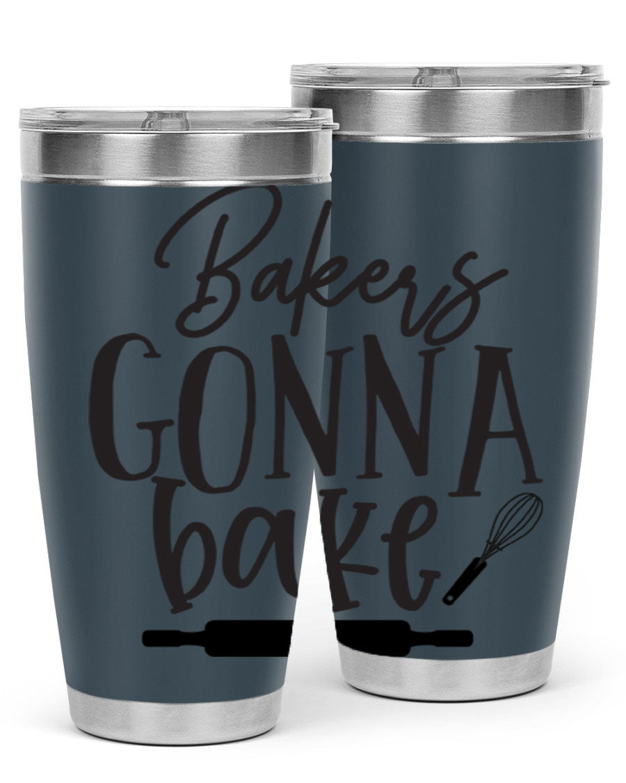 Bakers Gonna Bake 20oz Tumbler made of stainless steel with a vibrant design, showcasing its double wall vacuum insulation and drink-thru lid.