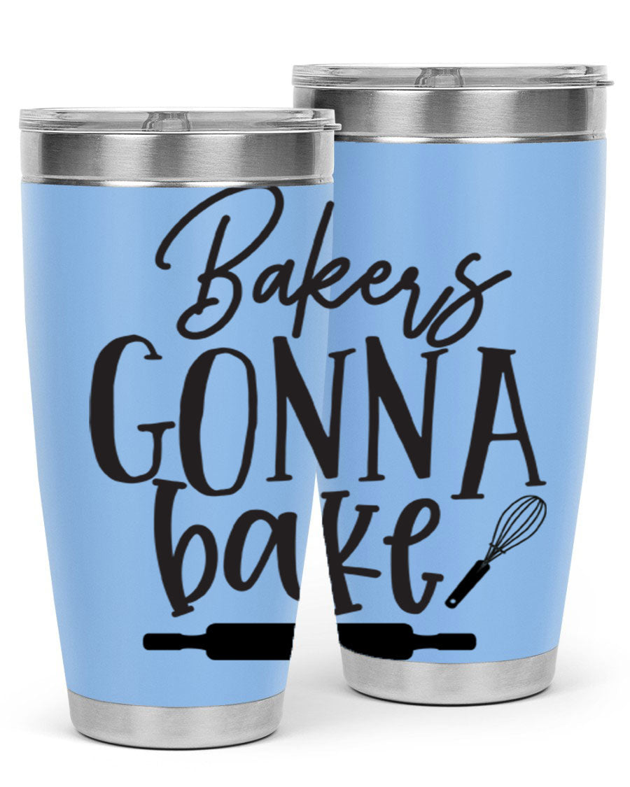 Bakers Gonna Bake 20oz Tumbler made of stainless steel with a vibrant design, showcasing its double wall vacuum insulation and drink-thru lid.