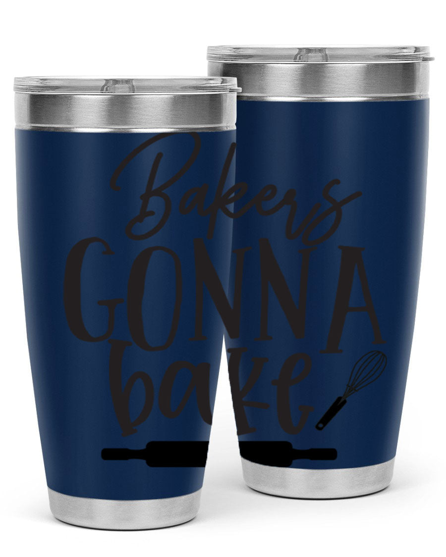 Bakers Gonna Bake 20oz Tumbler made of stainless steel with a vibrant design, showcasing its double wall vacuum insulation and drink-thru lid.