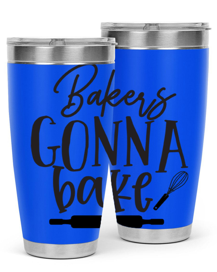 Bakers Gonna Bake 20oz Tumbler made of stainless steel with a vibrant design, showcasing its double wall vacuum insulation and drink-thru lid.