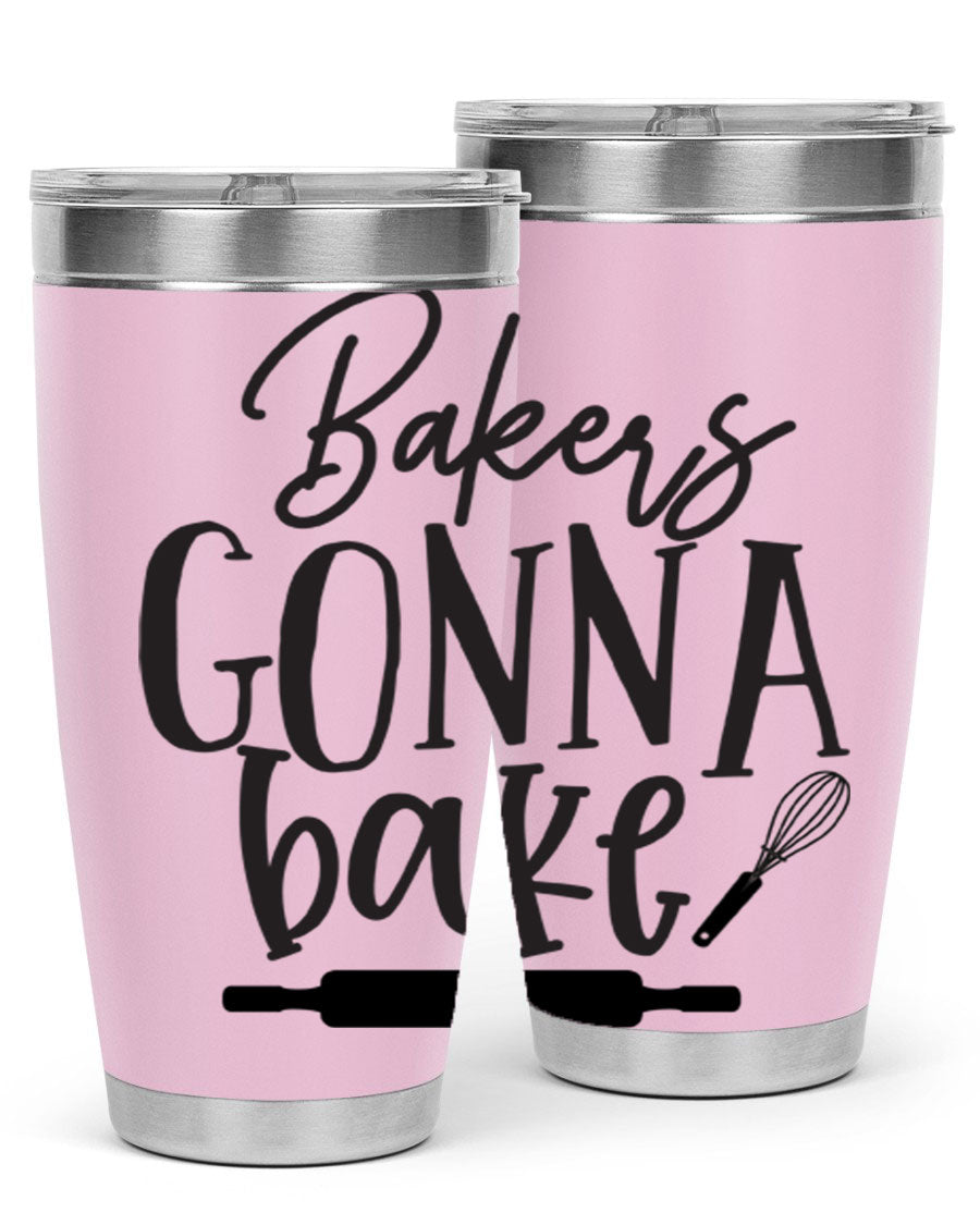 Bakers Gonna Bake 20oz Tumbler made of stainless steel with a vibrant design, showcasing its double wall vacuum insulation and drink-thru lid.