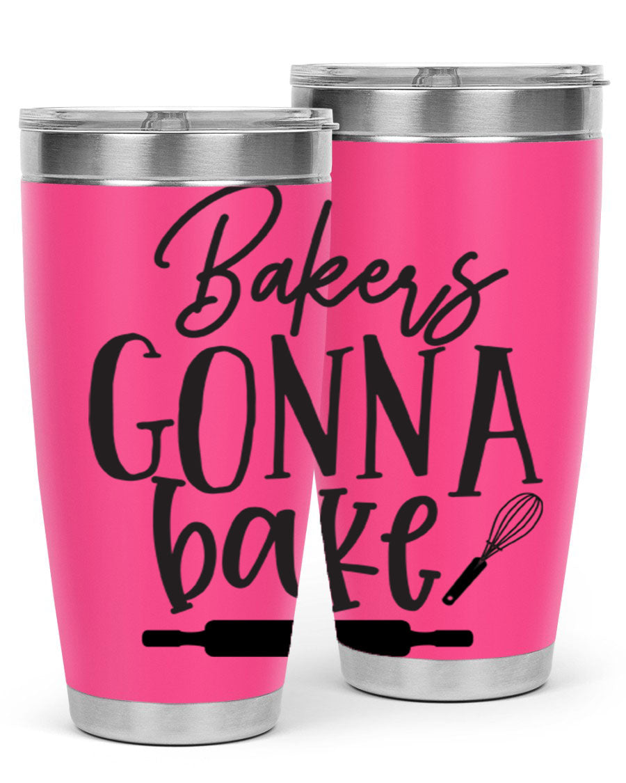 Bakers Gonna Bake 20oz Tumbler made of stainless steel with a vibrant design, showcasing its double wall vacuum insulation and drink-thru lid.