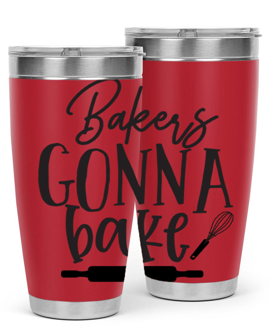 Bakers Gonna Bake 20oz Tumbler made of stainless steel with a vibrant design, showcasing its double wall vacuum insulation and drink-thru lid.