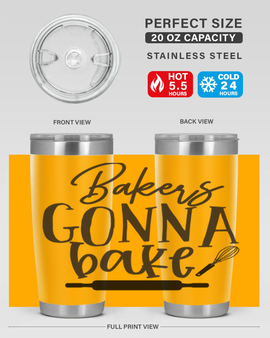 Bakers Gonna Bake 20oz Tumbler made of stainless steel with a vibrant design, showcasing its double wall vacuum insulation and drink-thru lid.
