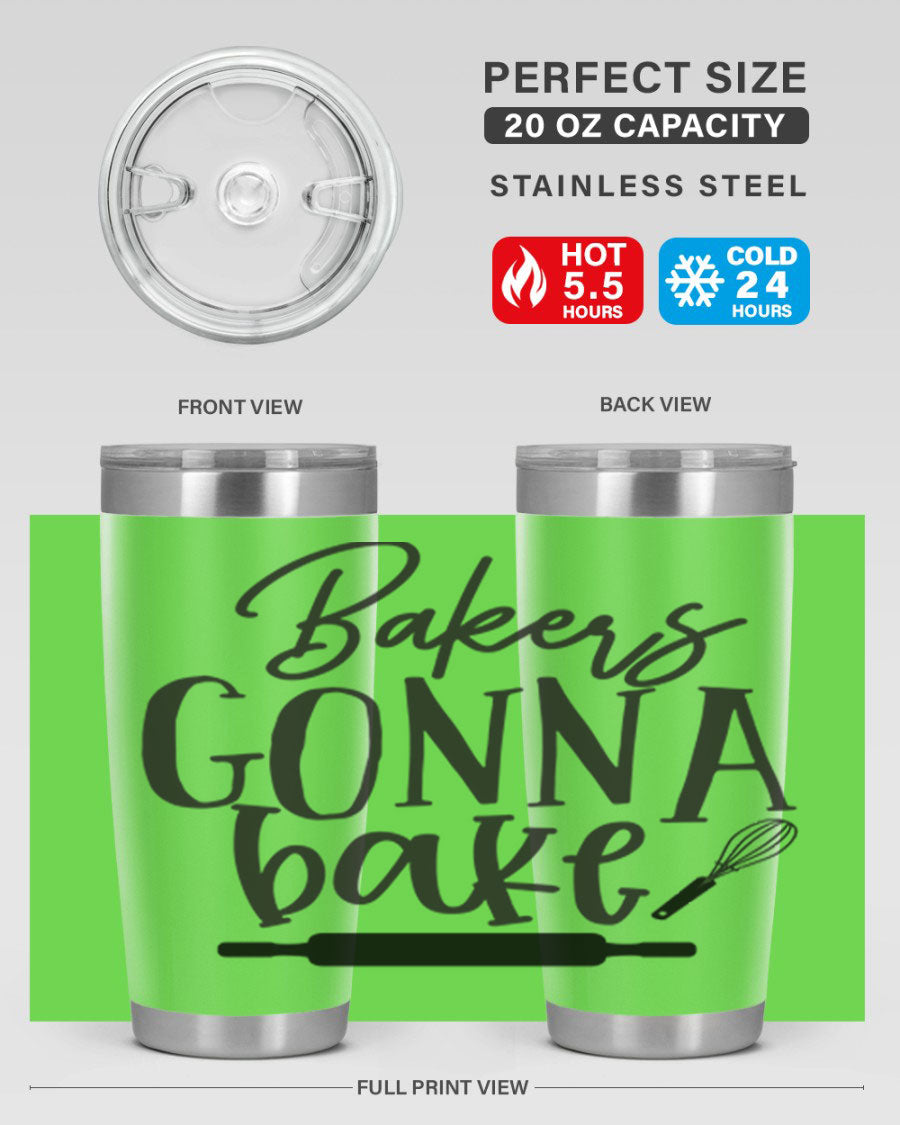 Bakers Gonna Bake 20oz Tumbler made of stainless steel with a vibrant design, showcasing its double wall vacuum insulation and drink-thru lid.