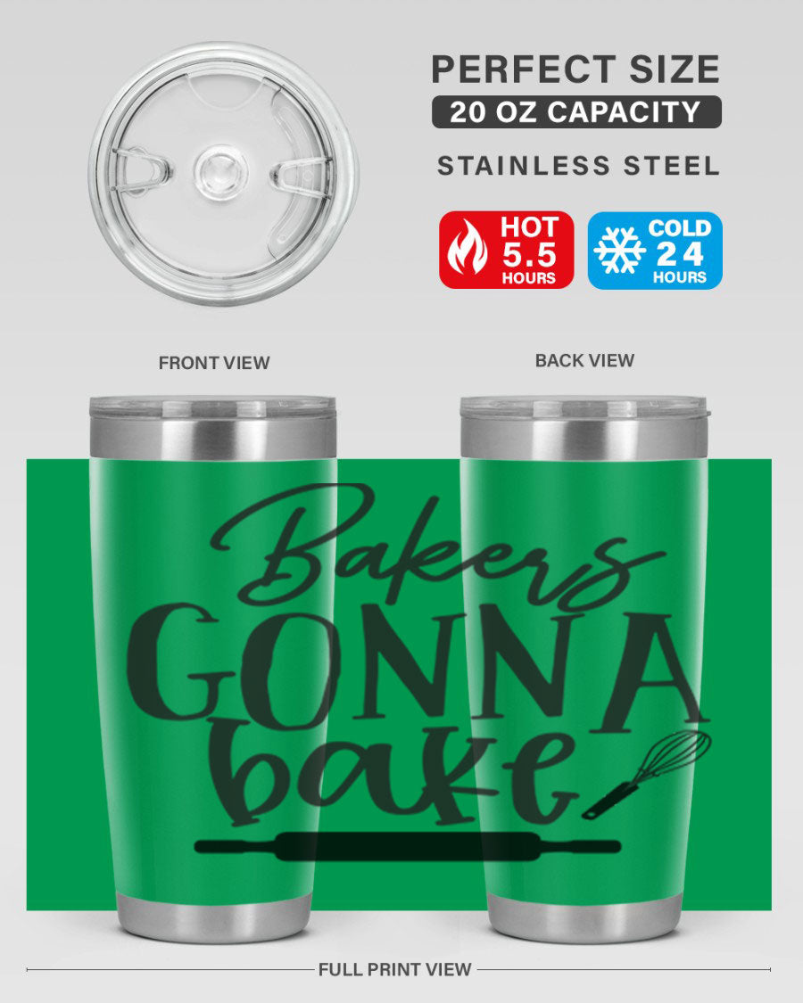 Bakers Gonna Bake 20oz Tumbler made of stainless steel with a vibrant design, showcasing its double wall vacuum insulation and drink-thru lid.