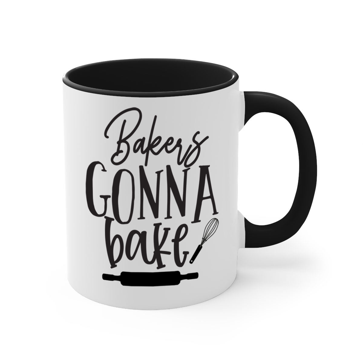 A colorful bakers gonna bake 6# kitchen mug with a glossy finish, featuring a colored handle and interior, available in multiple colors.