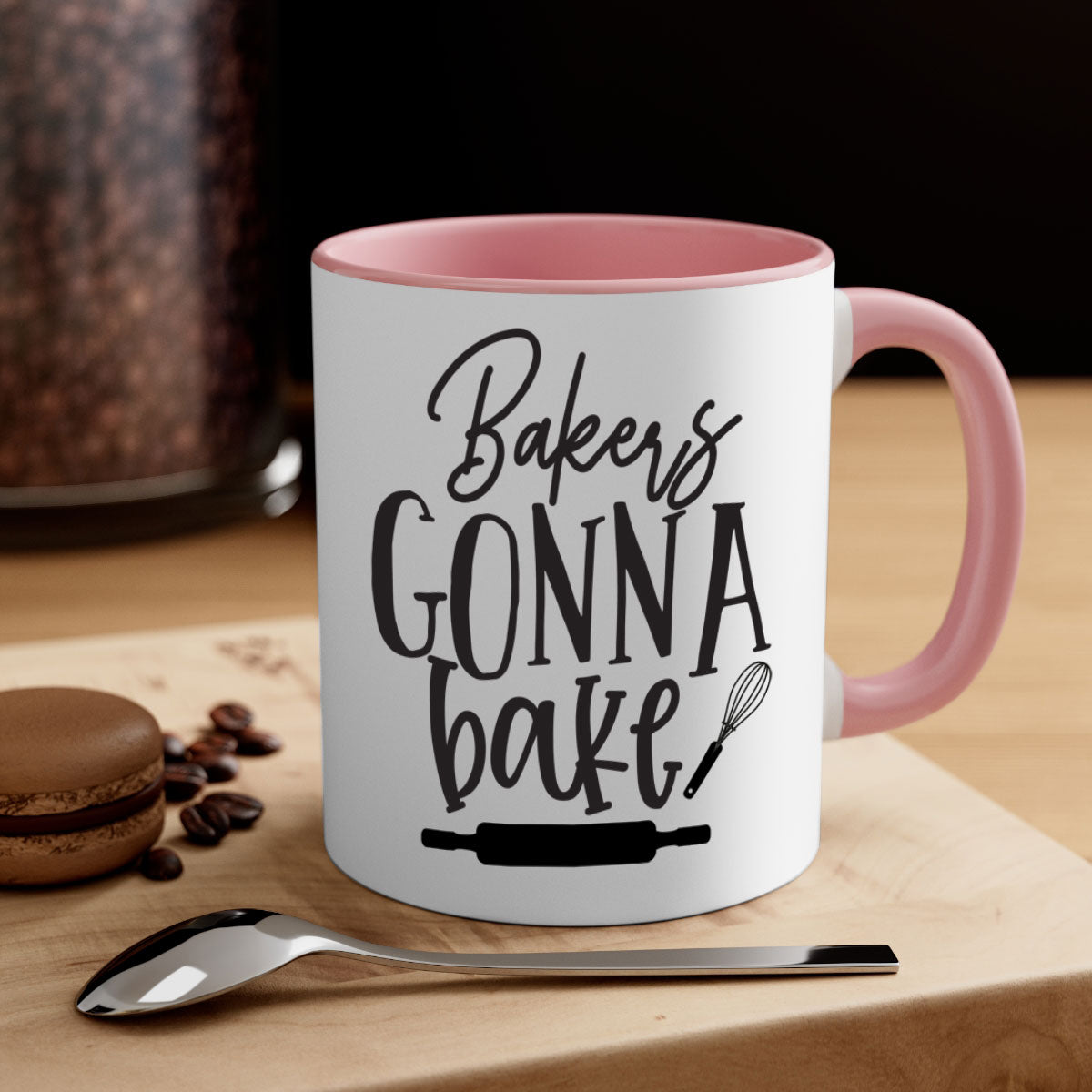 A colorful bakers gonna bake 6# kitchen mug with a glossy finish, featuring a colored handle and interior, available in multiple colors.