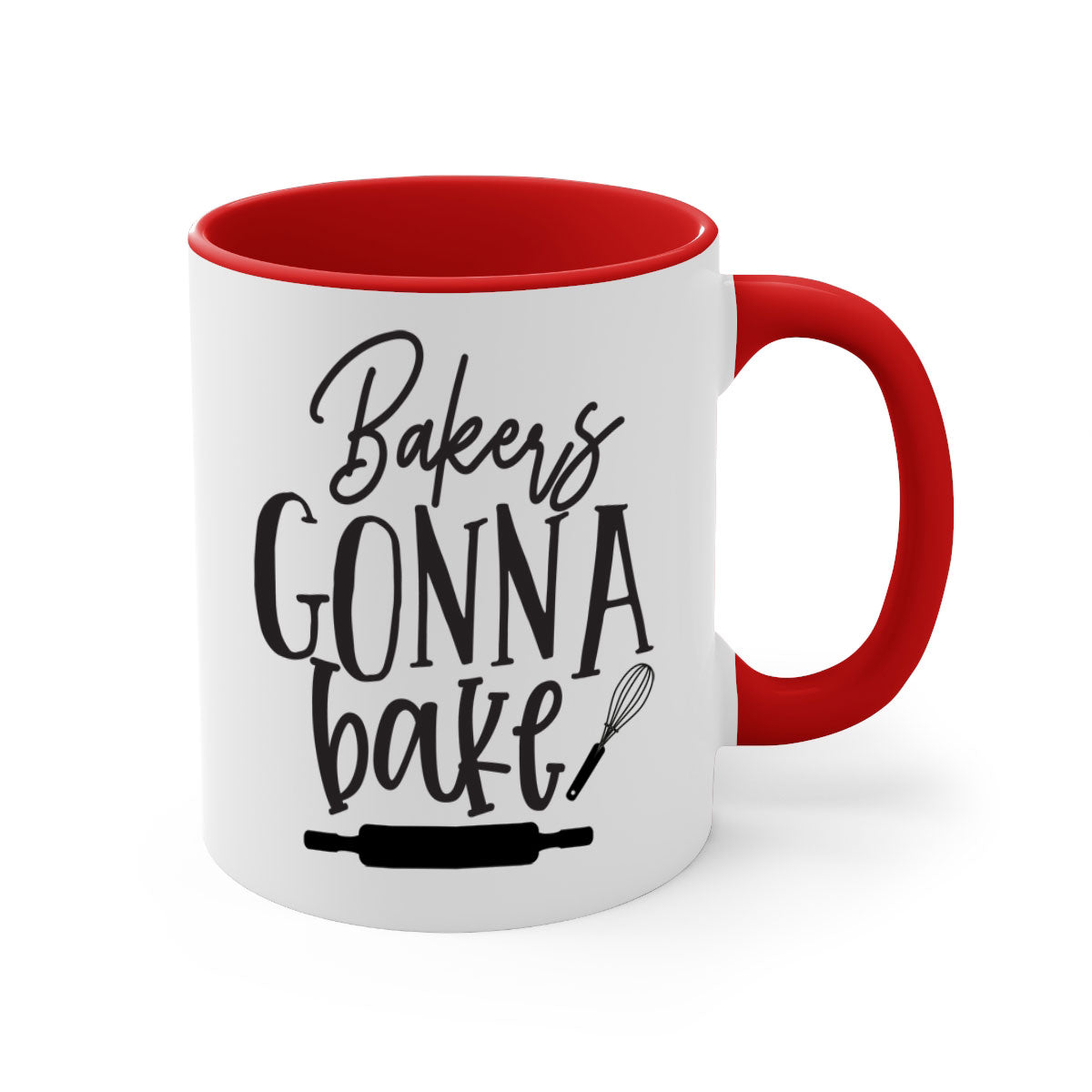 A colorful bakers gonna bake 6# kitchen mug with a glossy finish, featuring a colored handle and interior, available in multiple colors.
