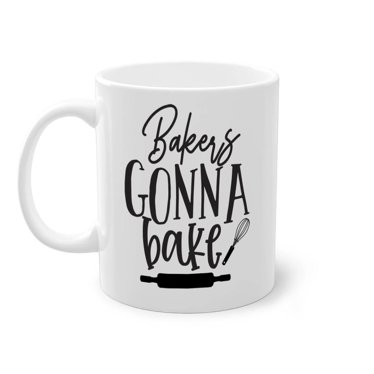 A colorful bakers gonna bake 6# kitchen mug with a glossy finish, featuring a colored handle and interior, available in multiple colors.