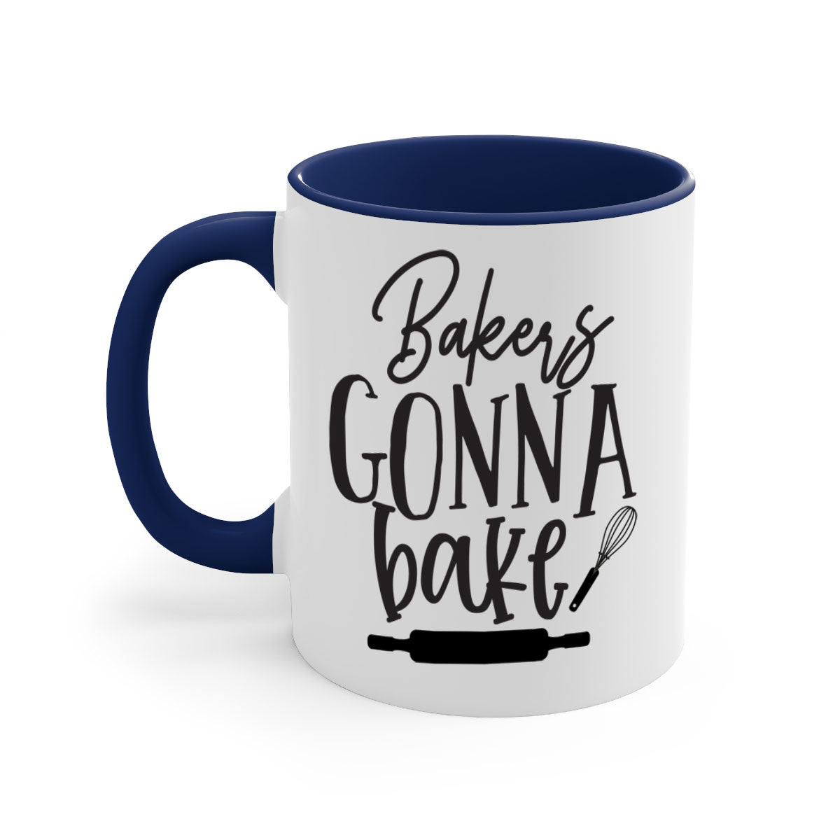 A colorful bakers gonna bake 6# kitchen mug with a glossy finish, featuring a colored handle and interior, available in multiple colors.