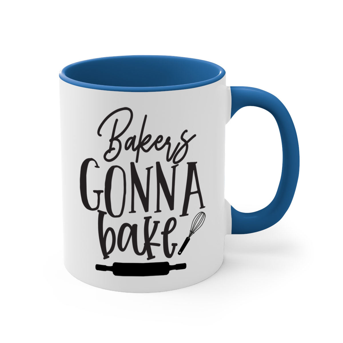 A colorful bakers gonna bake 6# kitchen mug with a glossy finish, featuring a colored handle and interior, available in multiple colors.