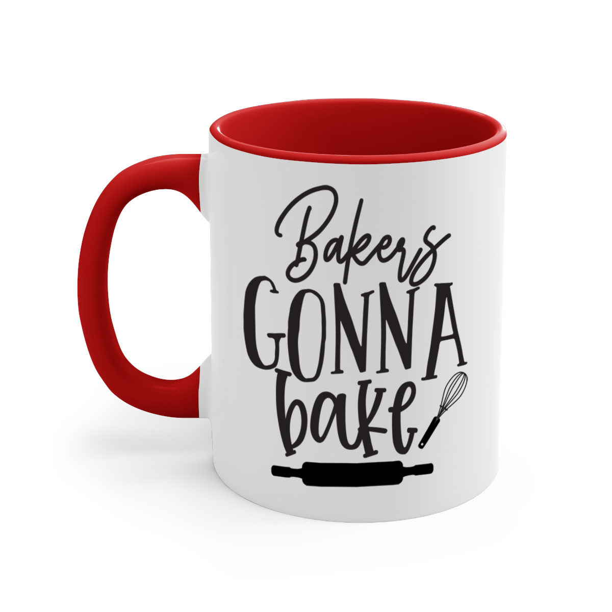 A colorful bakers gonna bake 6# kitchen mug with a glossy finish, featuring a colored handle and interior, available in multiple colors.