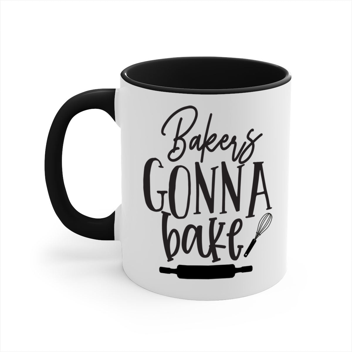 A colorful bakers gonna bake 6# kitchen mug with a glossy finish, featuring a colored handle and interior, available in multiple colors.