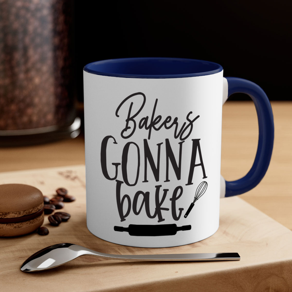 A colorful bakers gonna bake 6# kitchen mug with a glossy finish, featuring a colored handle and interior, available in multiple colors.