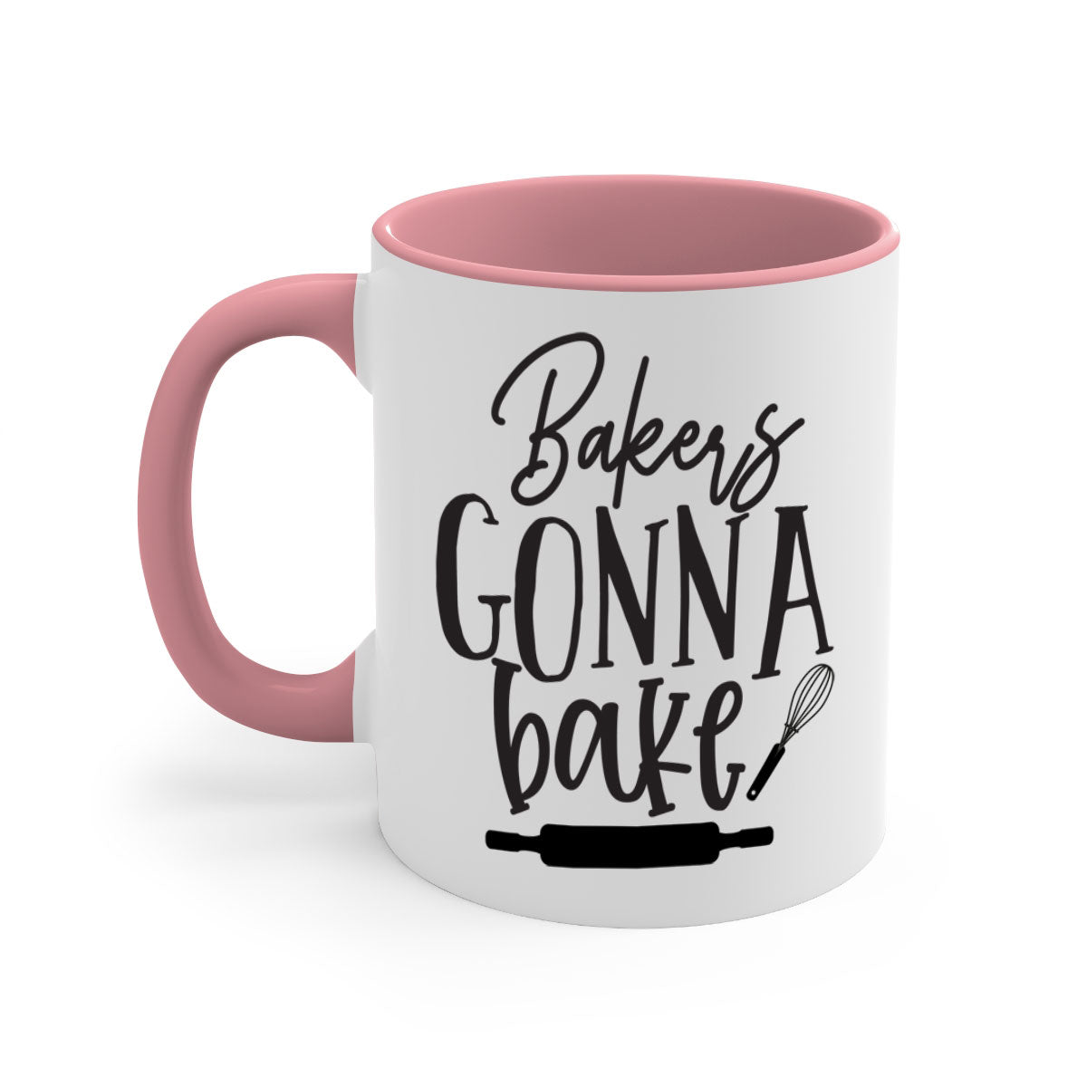 A colorful bakers gonna bake 6# kitchen mug with a glossy finish, featuring a colored handle and interior, available in multiple colors.
