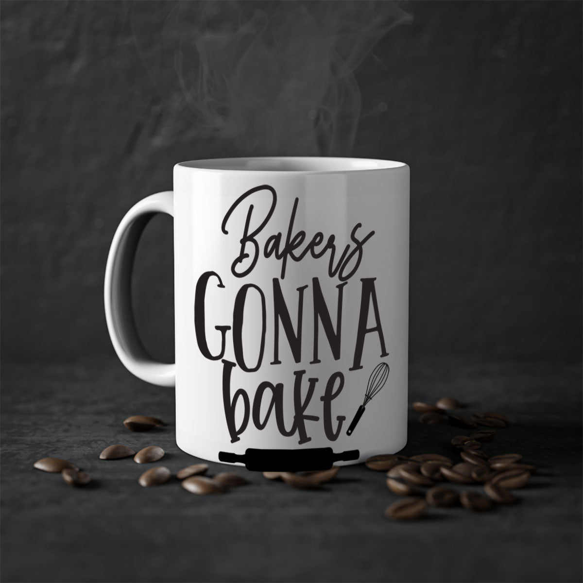 A colorful bakers gonna bake 6# kitchen mug with a glossy finish, featuring a colored handle and interior, available in multiple colors.