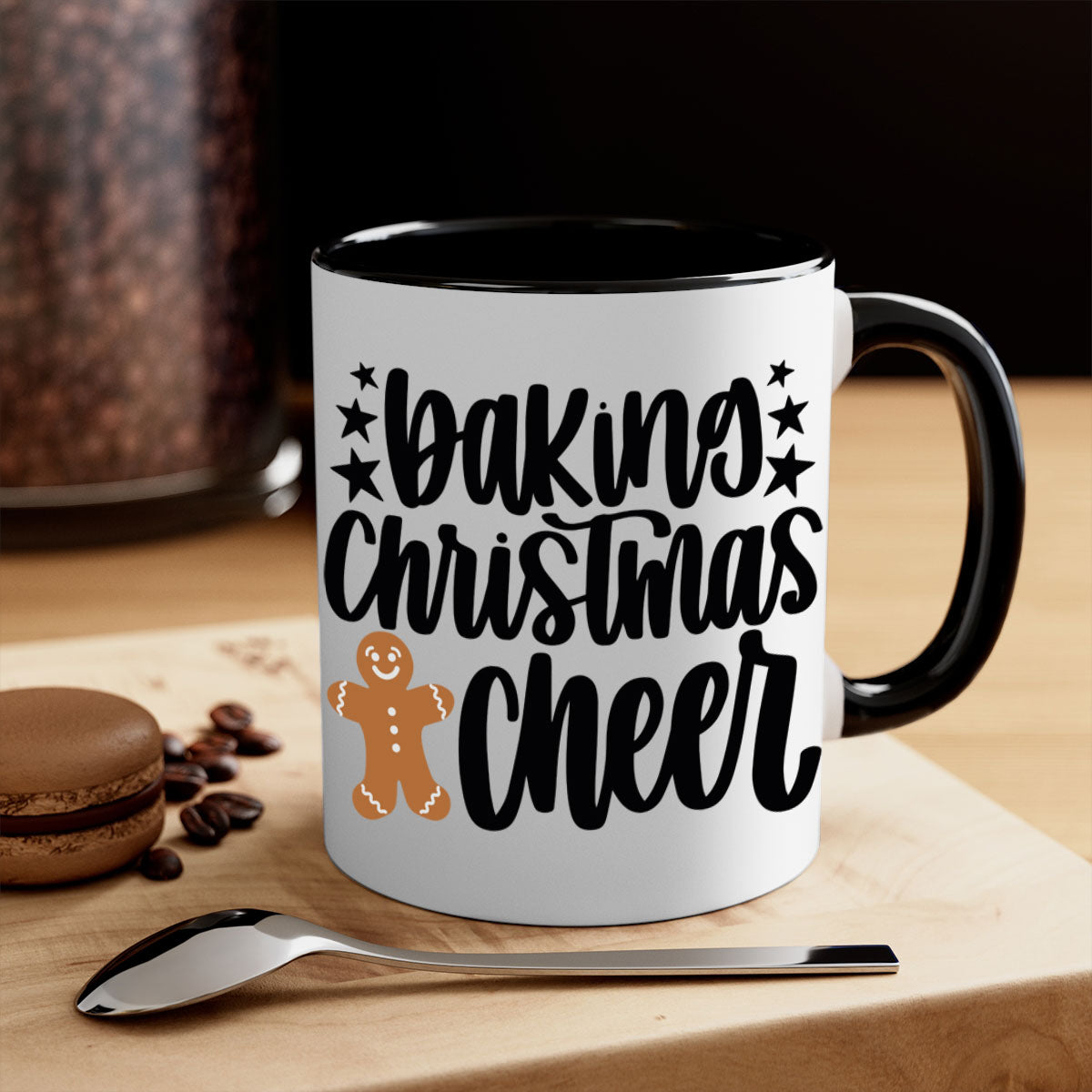 Baking Christmas Cheer Mug featuring a two-tone design with a colored handle and glossy finish, available in multiple colors.