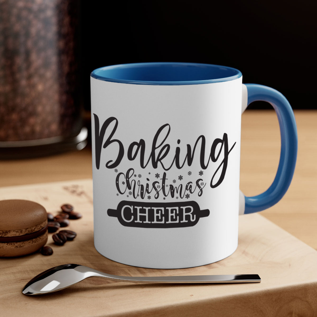 Baking Christmas Cheer Mug with colorful handle and glossy finish, perfect for holiday beverages.