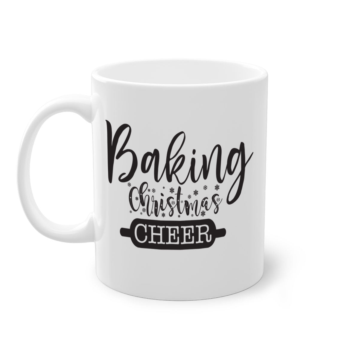 Baking Christmas Cheer Mug with colorful handle and glossy finish, perfect for holiday beverages.