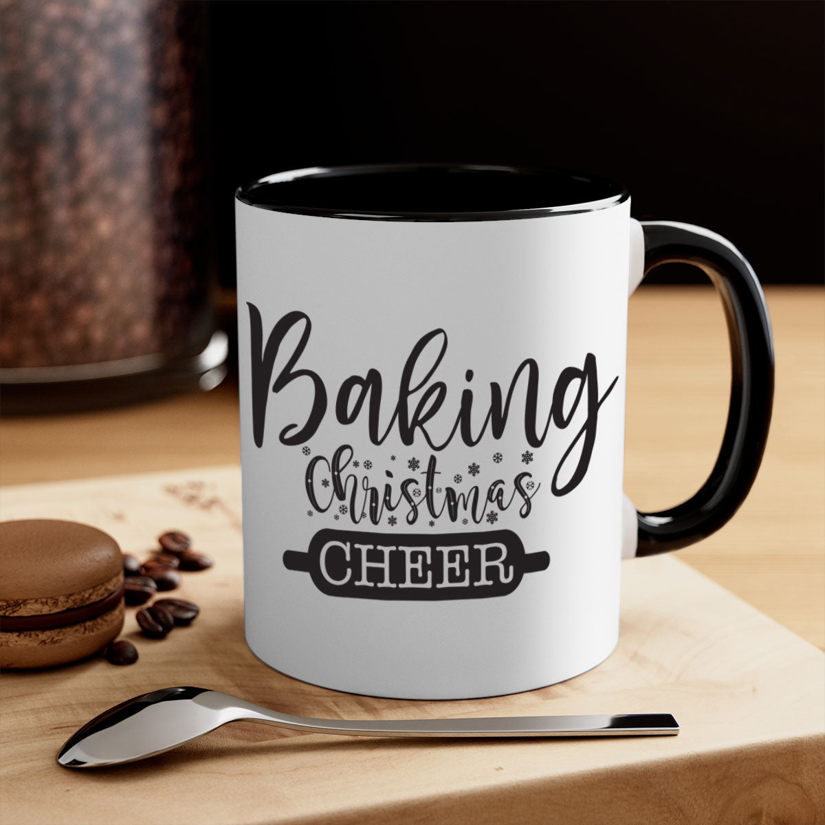 Baking Christmas Cheer Mug with colorful handle and glossy finish, perfect for holiday beverages.