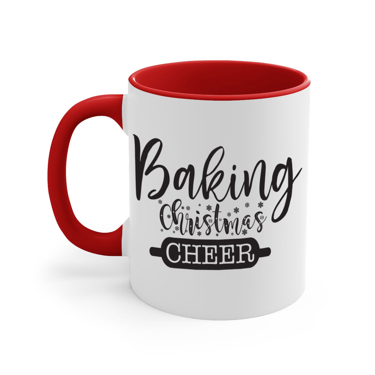 Baking Christmas Cheer Mug with colorful handle and glossy finish, perfect for holiday beverages.