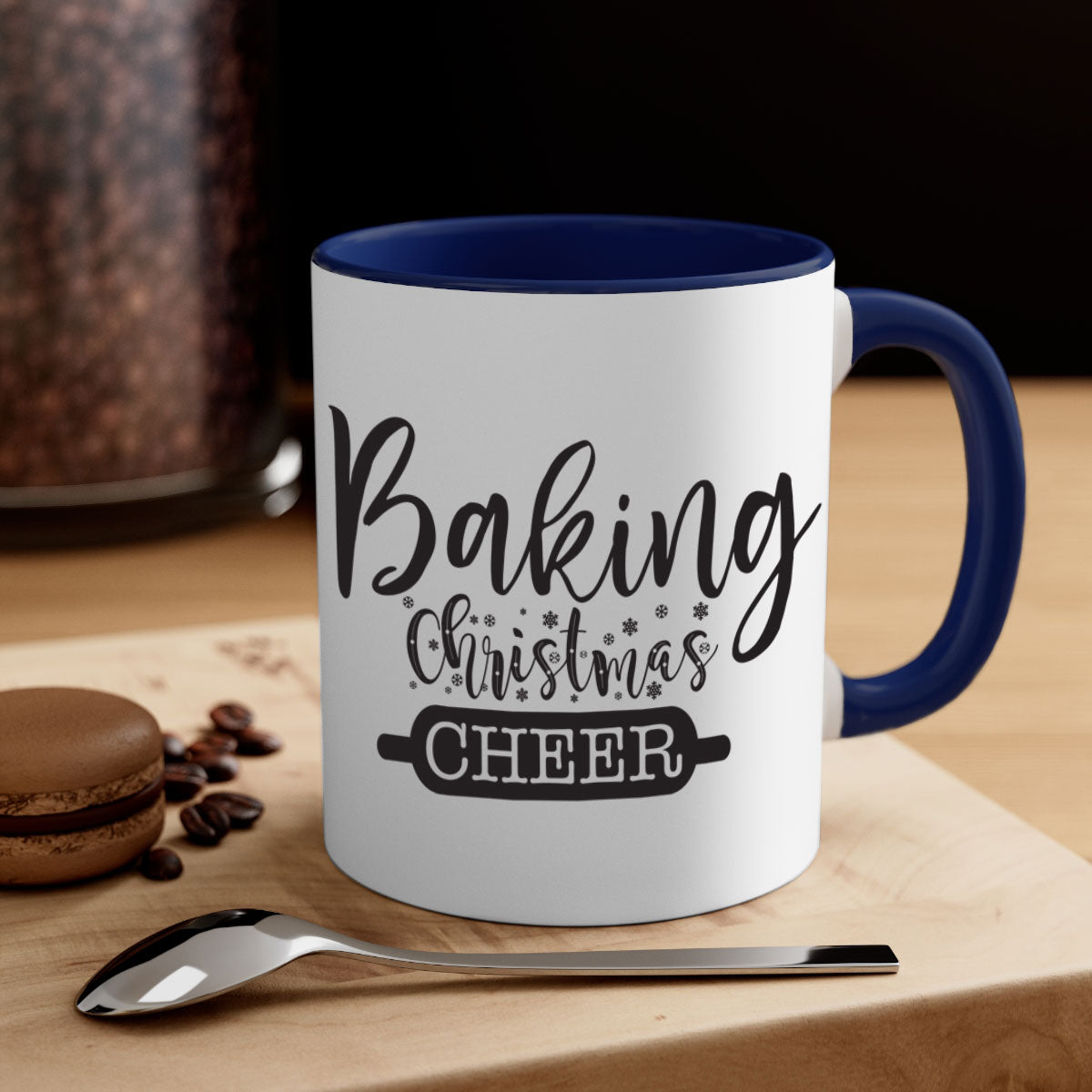 Baking Christmas Cheer Mug with colorful handle and glossy finish, perfect for holiday beverages.
