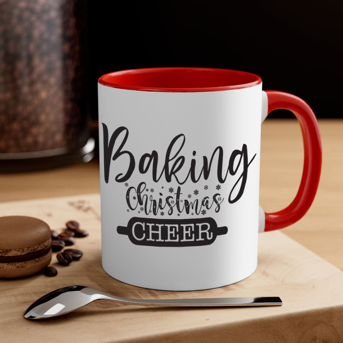 Baking Christmas Cheer Mug with colorful handle and glossy finish, perfect for holiday beverages.
