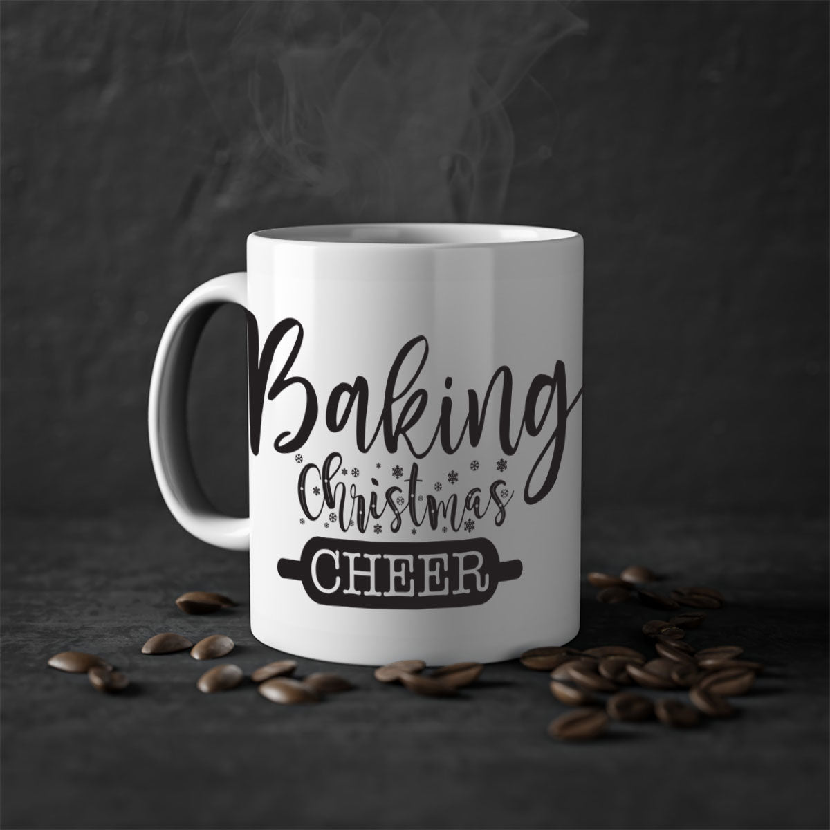Baking Christmas Cheer Mug with colorful handle and glossy finish, perfect for holiday beverages.
