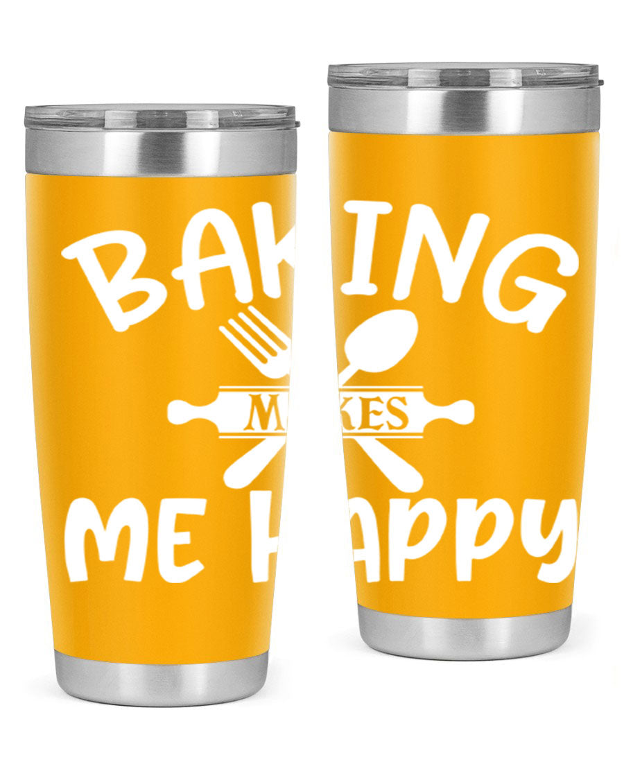 A stylish 20oz stainless steel tumbler with 'Baking Makes Me Happy' printed design, featuring a drink-thru lid and double wall insulation.