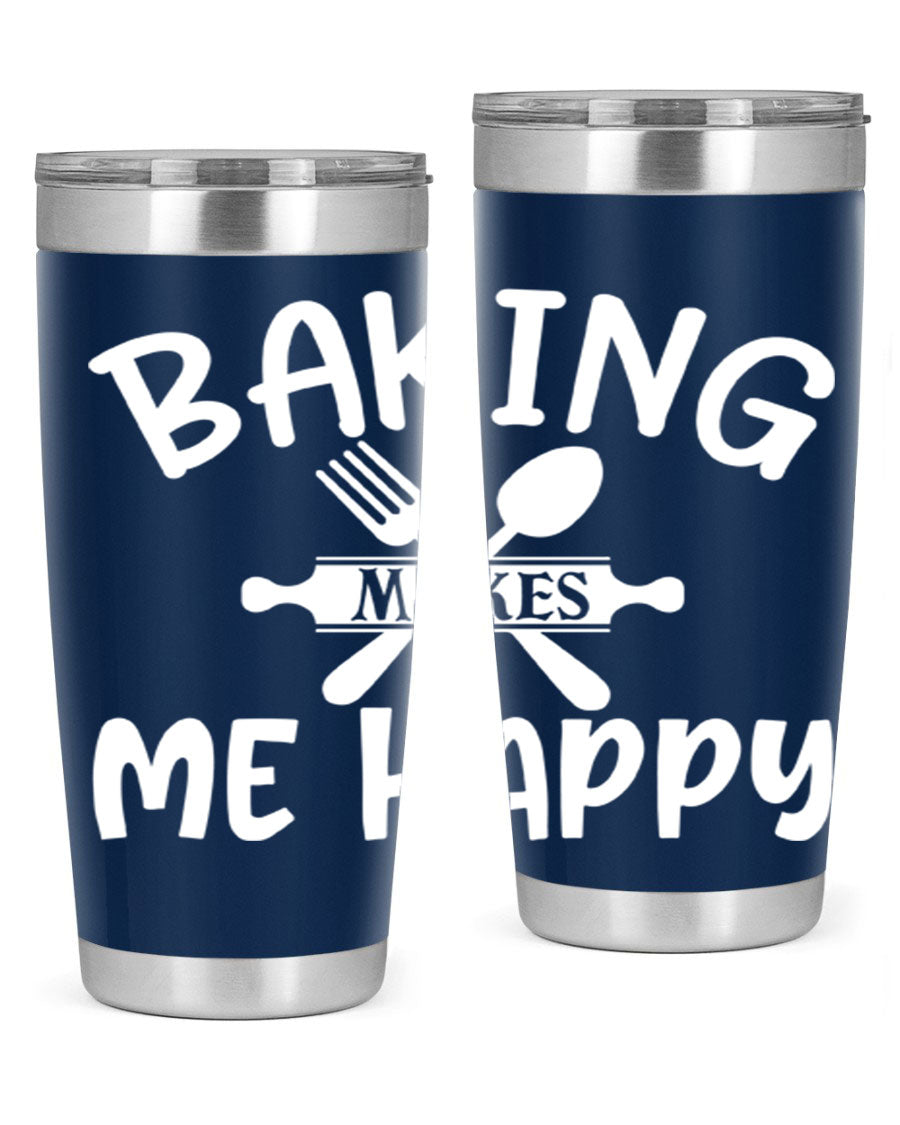 A stylish 20oz stainless steel tumbler with 'Baking Makes Me Happy' printed design, featuring a drink-thru lid and double wall insulation.