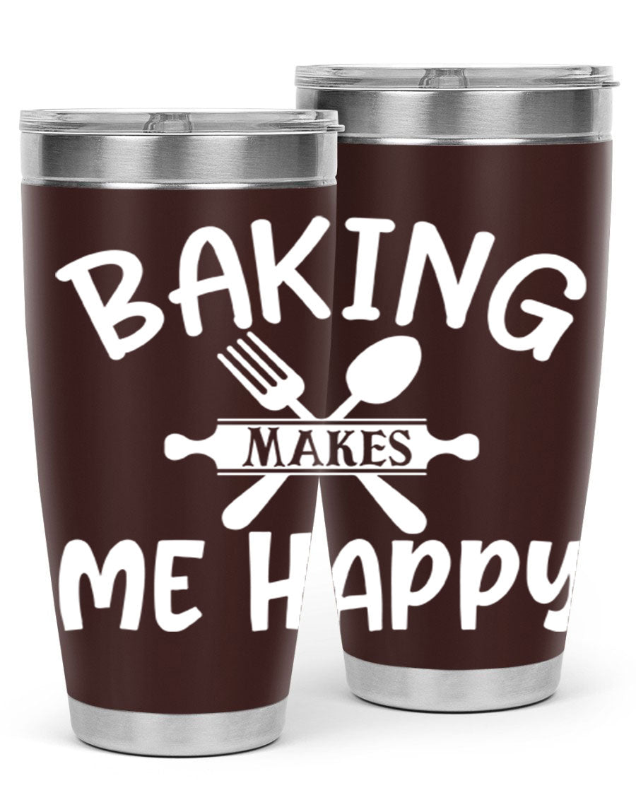 A stylish 20oz stainless steel tumbler with 'Baking Makes Me Happy' printed design, featuring a drink-thru lid and double wall insulation.